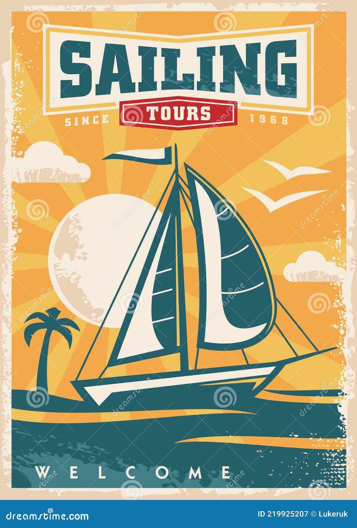 sail boat in a beautiful sunset retro travel poster