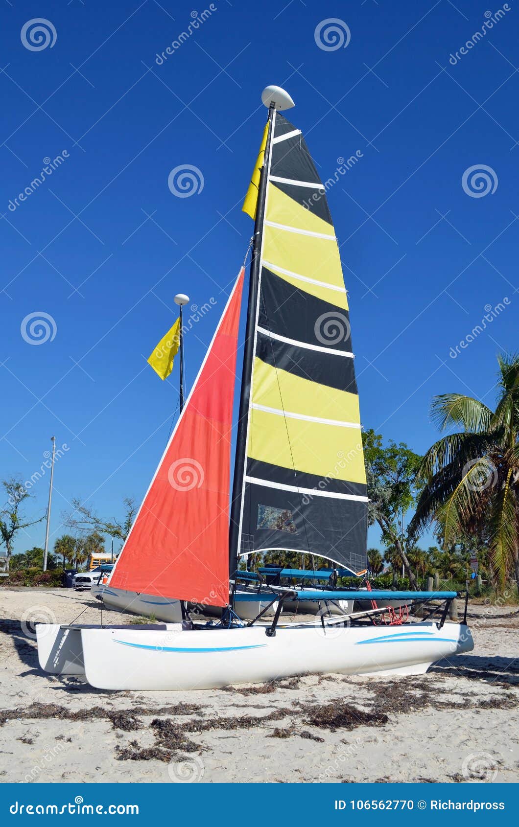 Sail Catamaran Resting in the Sand on a Key Biscayne,Beach Stock Photo