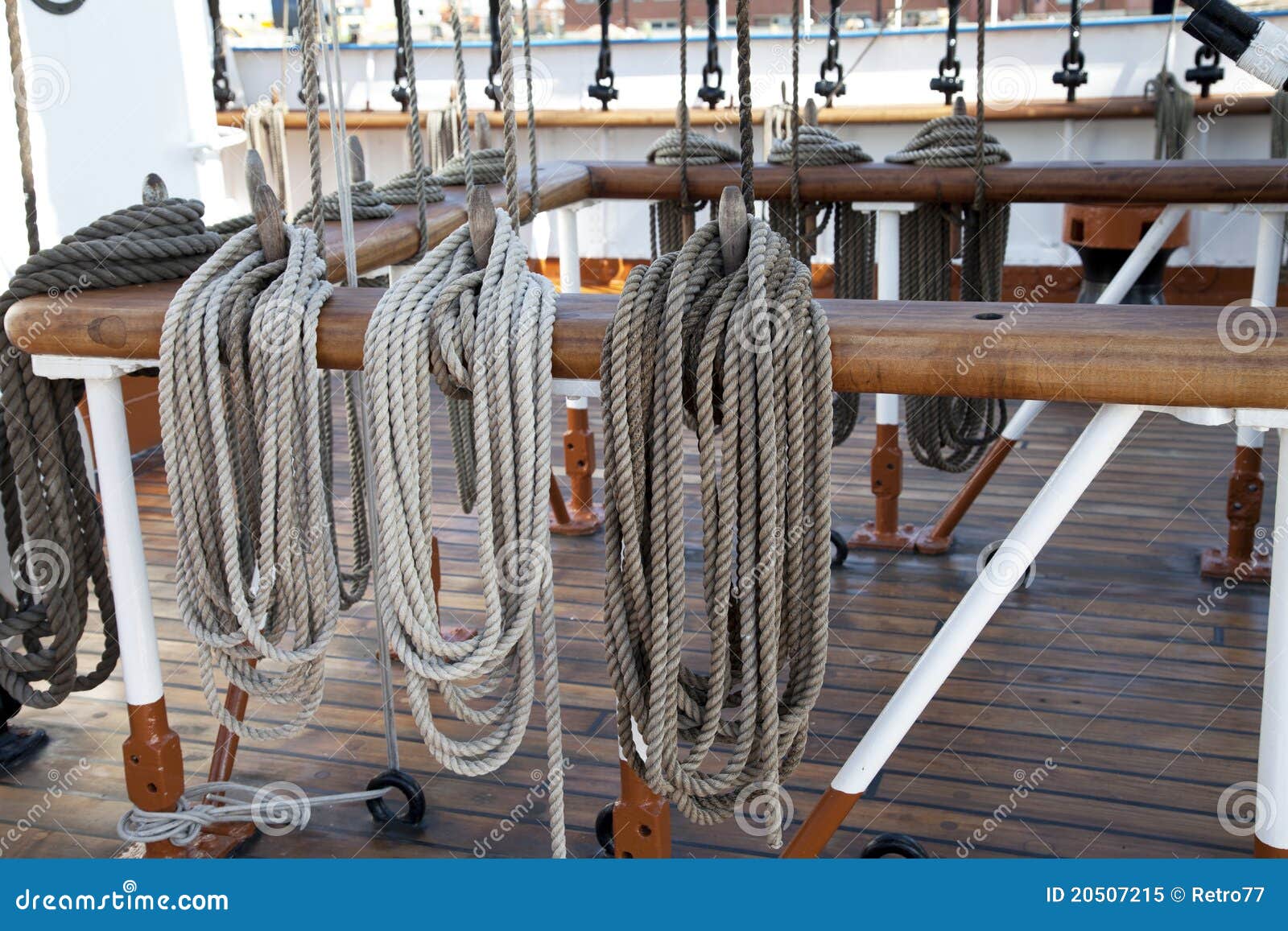 sailboat wooden marine rigs and ropes. stock image - image