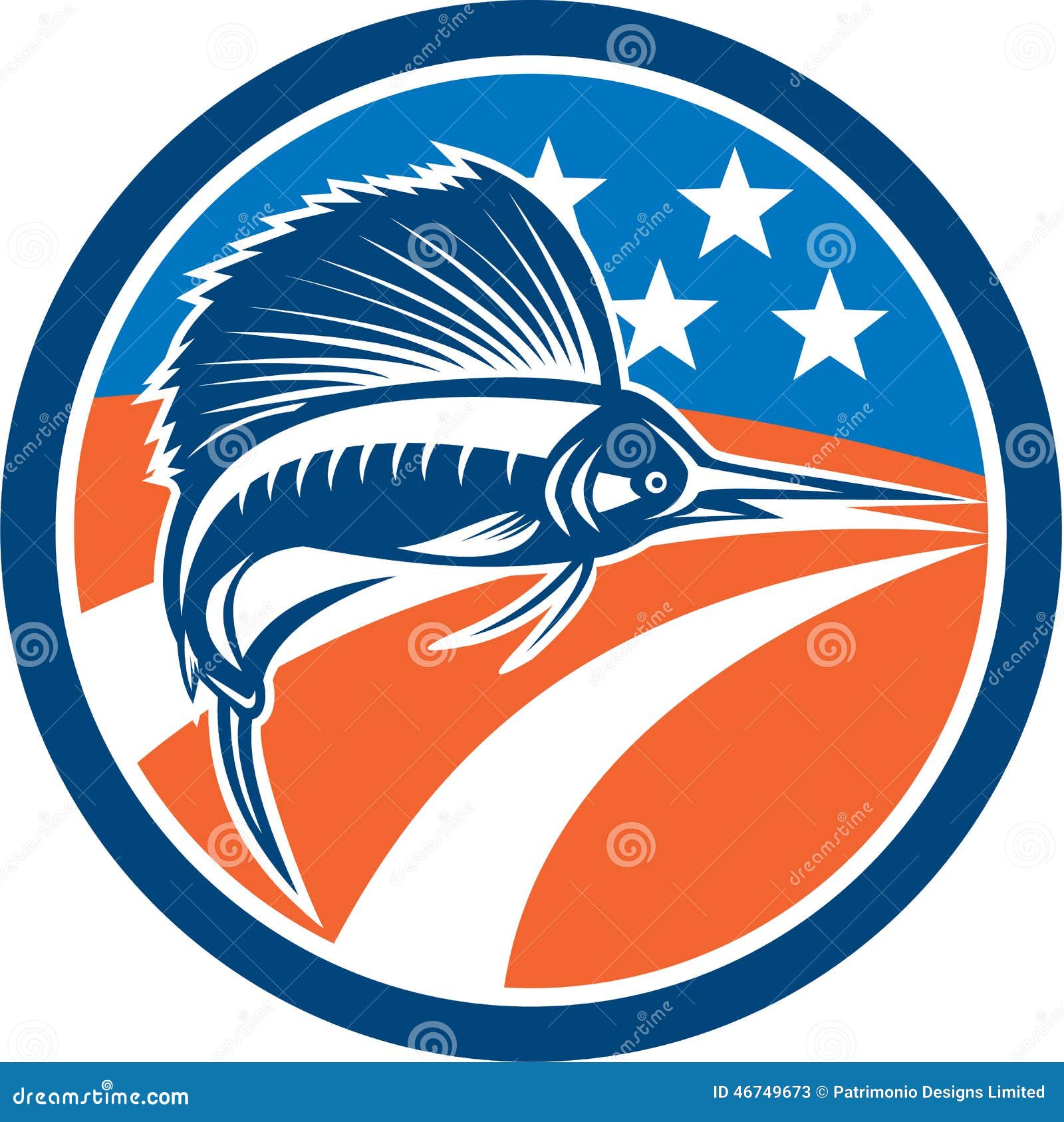 Download Sailfish Fish Jumping American Flag Circle Retro Stock ...