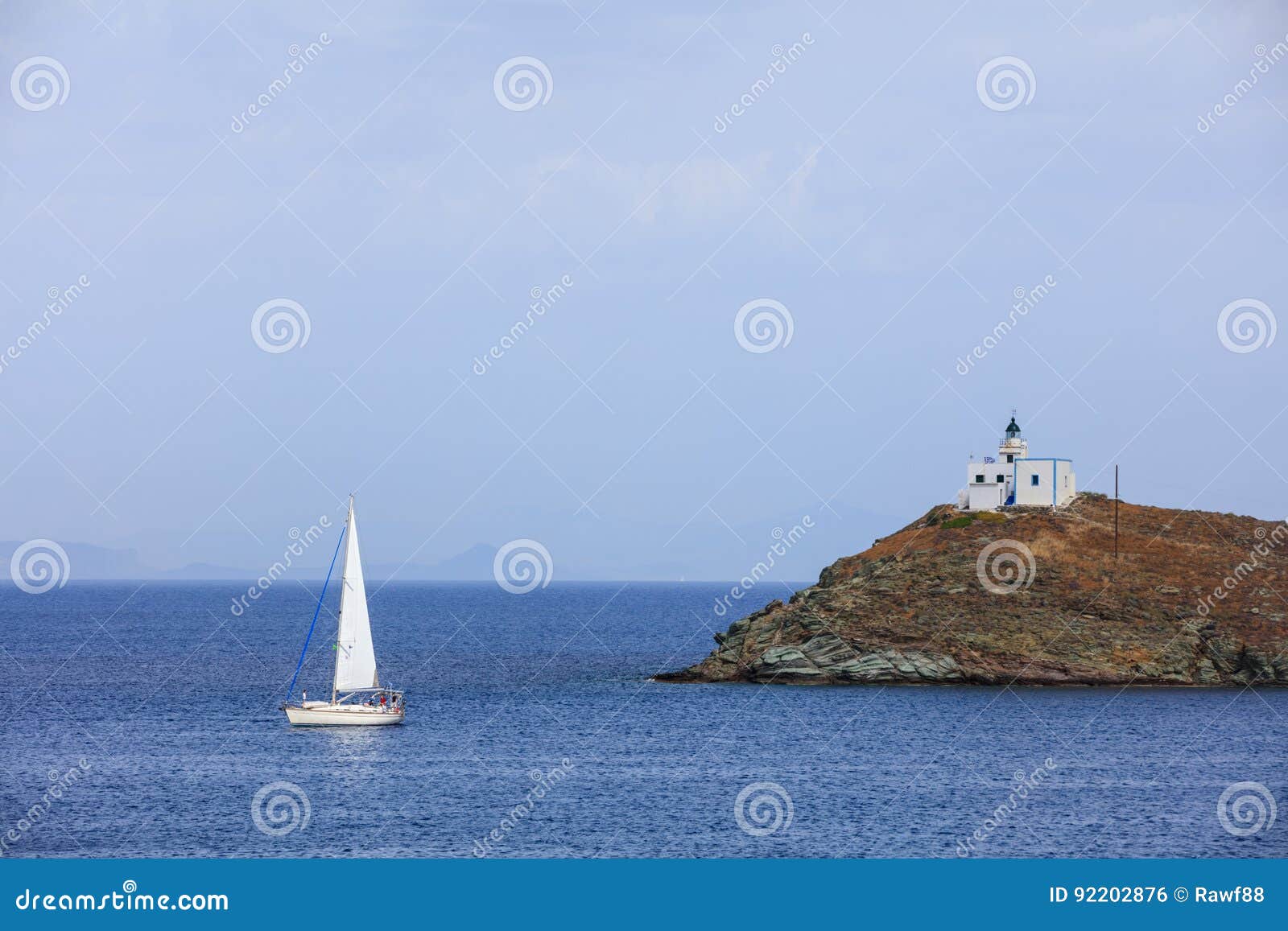 Sailing Boat and Lighthouse Greece, Kea Island Stock Photo Image of
