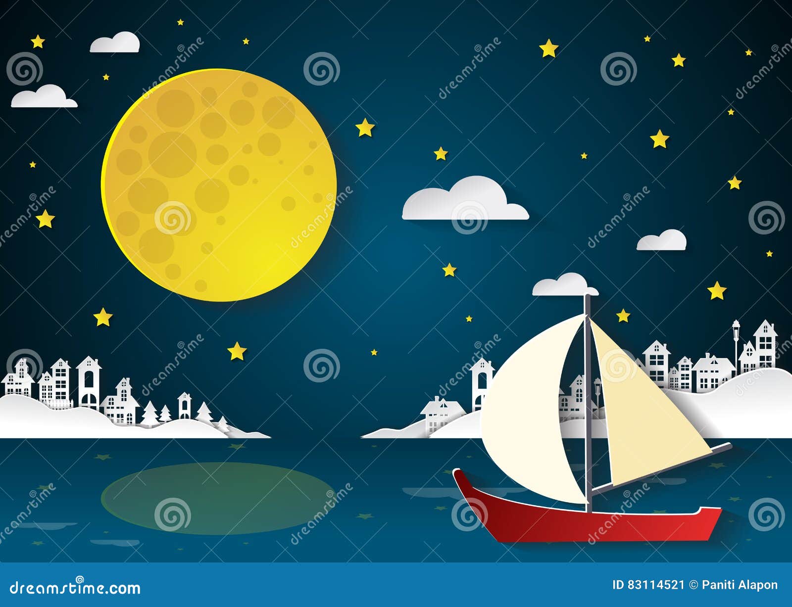 sailing boat at nighttime with full moon and cityscapes.paper cu