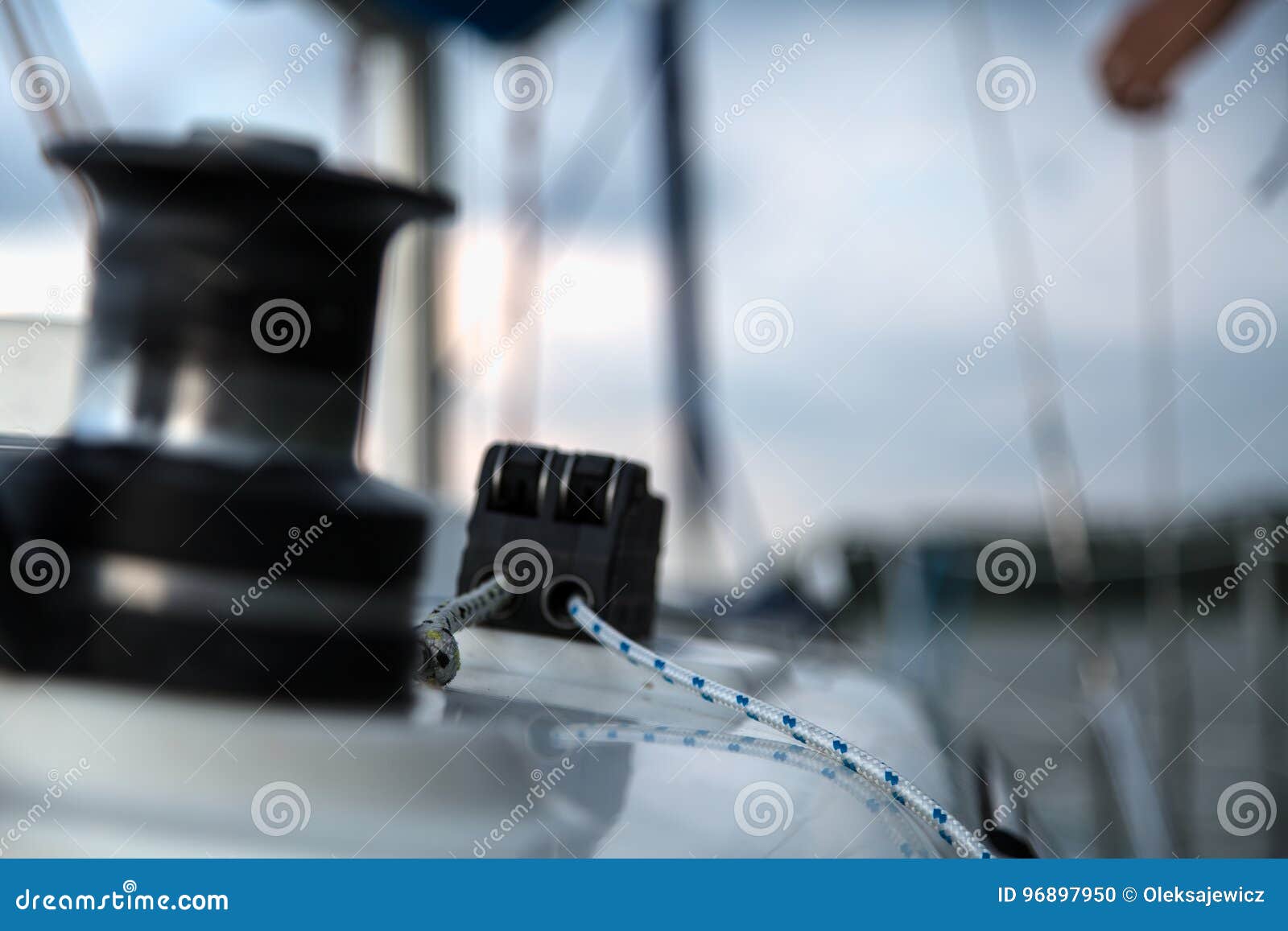 Sailing Equipment on White Sail Boat Stock Photo Image of railing