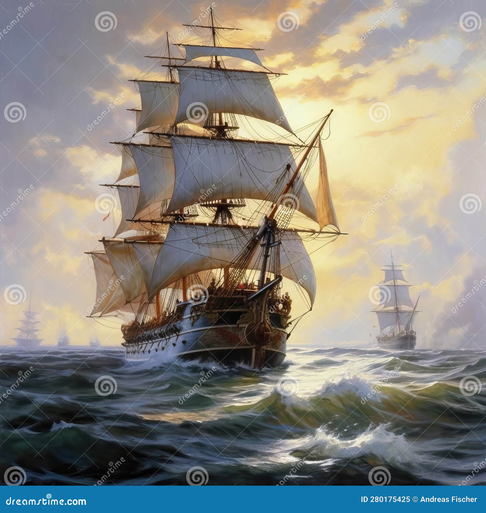 Sailing Old Flotilla, Ships Under Sail in the Ocean. Stock Illustration Illustration of grand