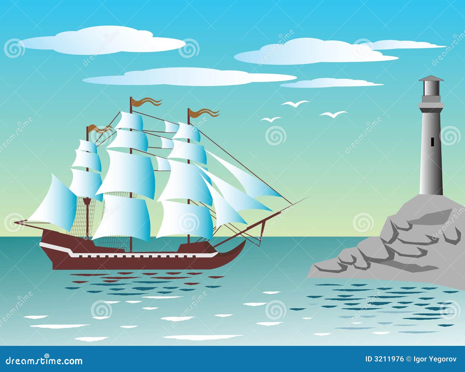 Sailing Ship At The Lighthouse Stock Vector - Image: 3211976