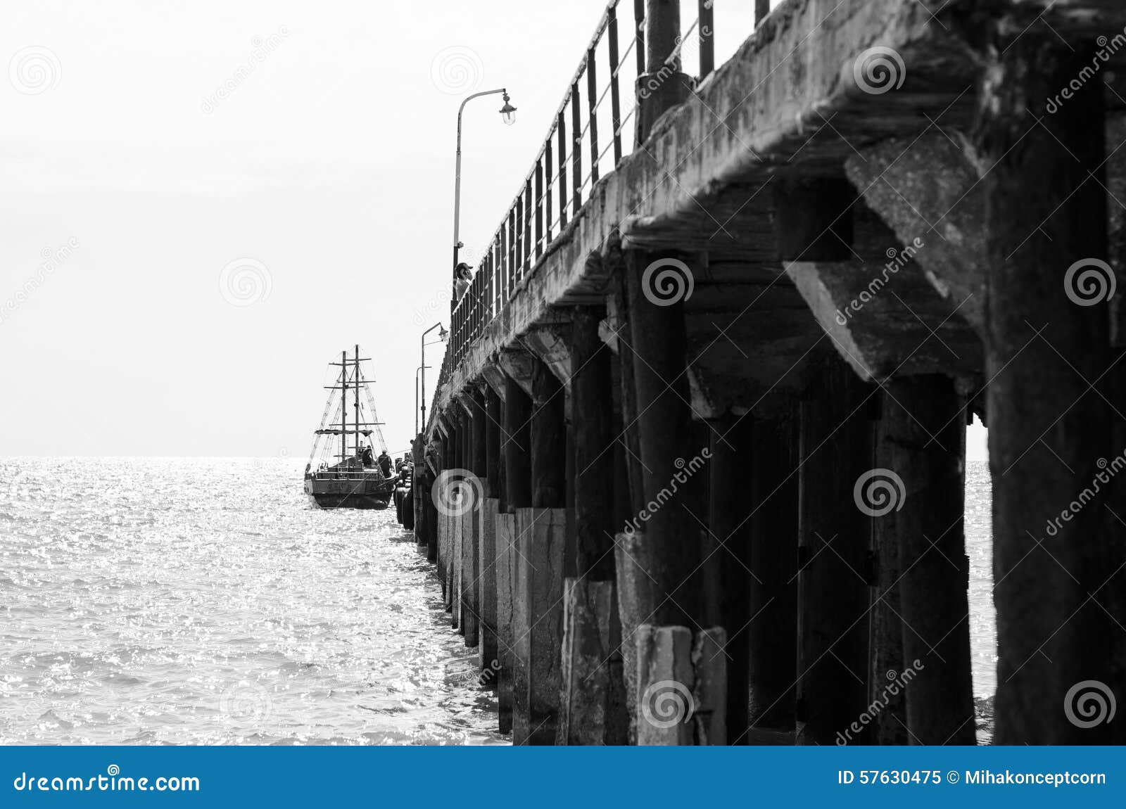 Sailing Ship Near the Pier. Black and White Photo. Editorial Image ...