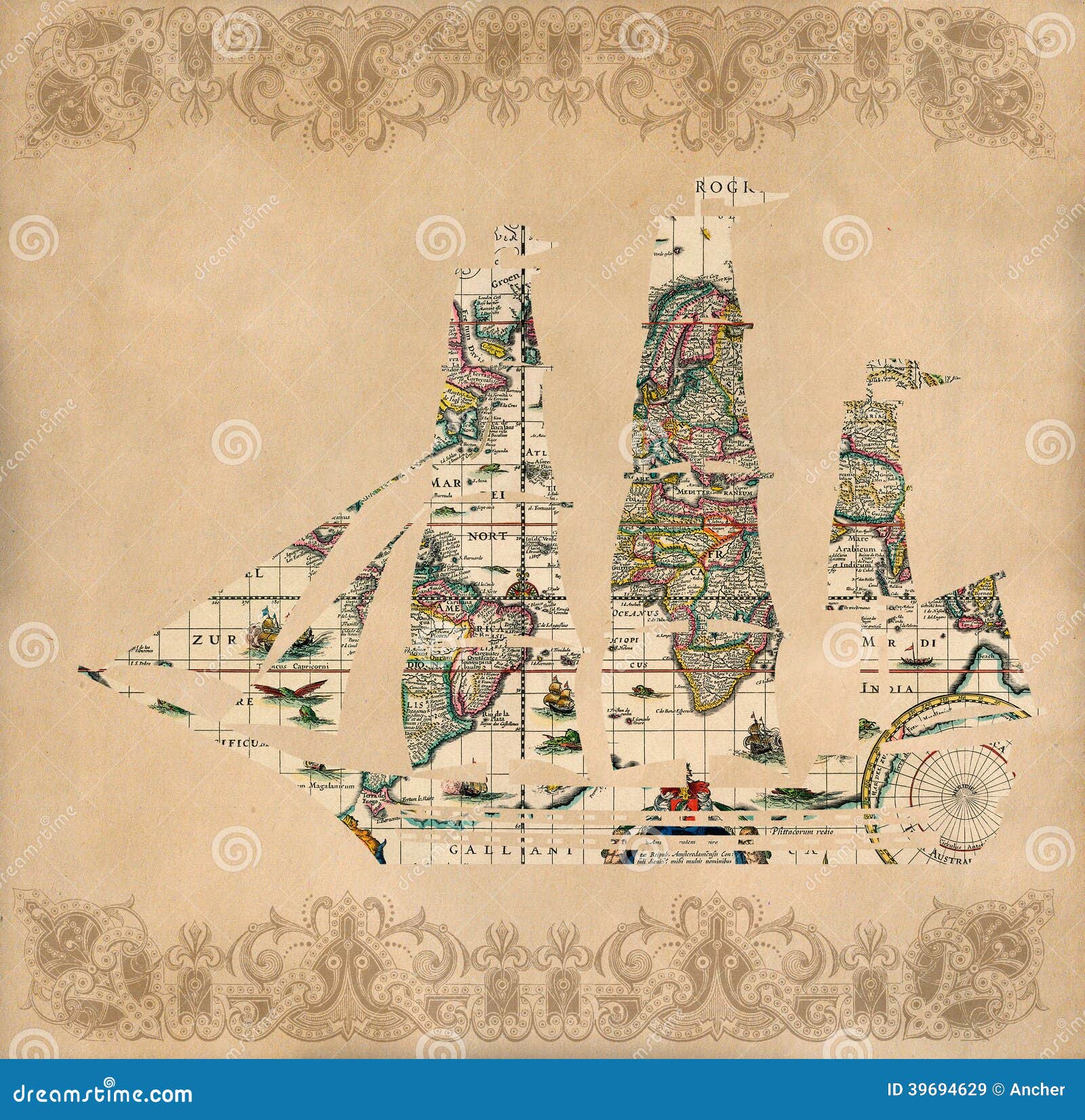 Sailing Ship Silhouette Over Antique Map - Retro Postcard 