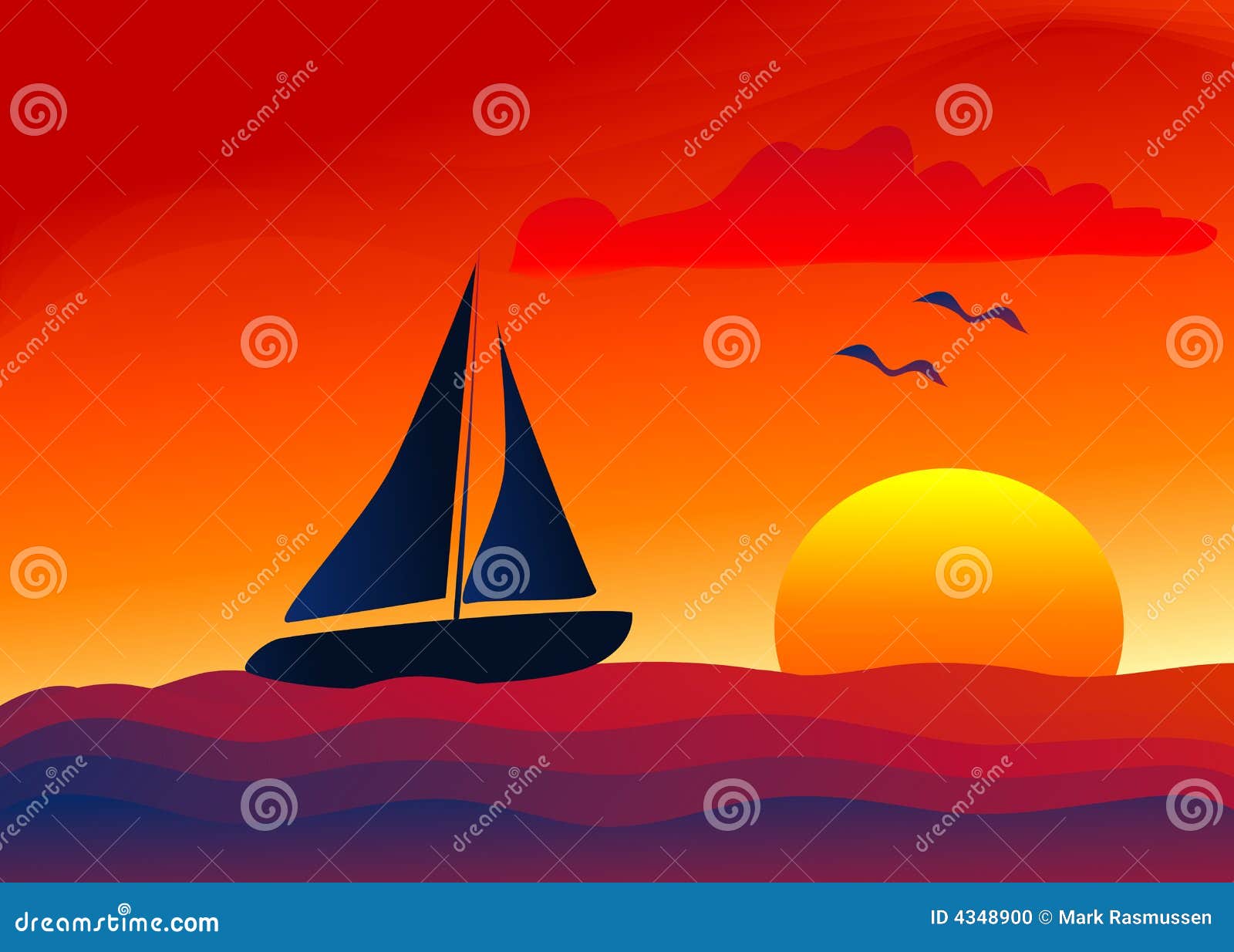 Sailing into the Sunset stock vector. Illustration of sailboat 4348900