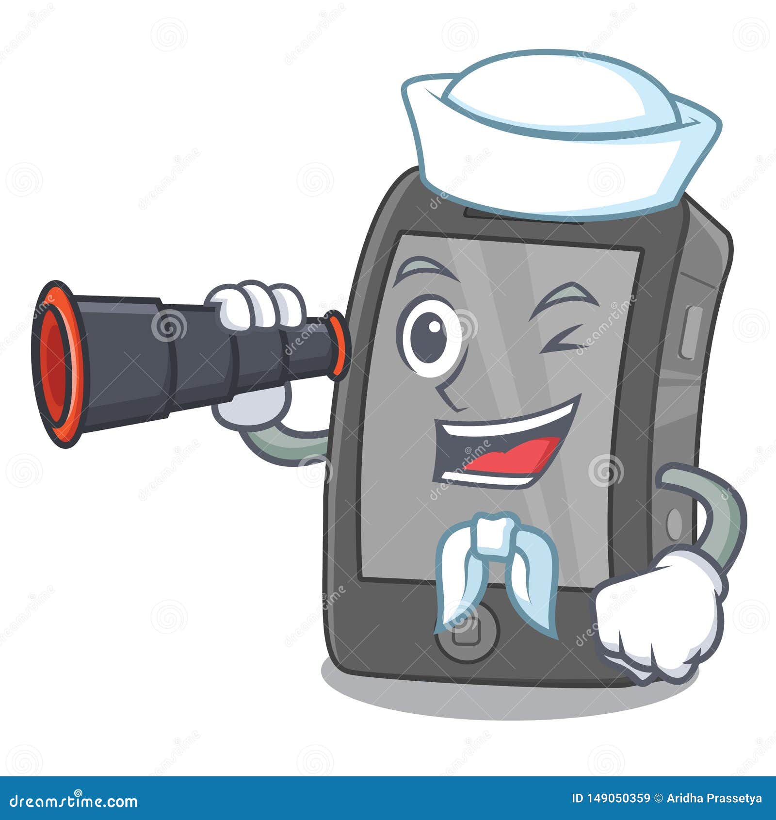 Sailor with Binocular Ipad on a Wooden Cartoon Table Stock Vector