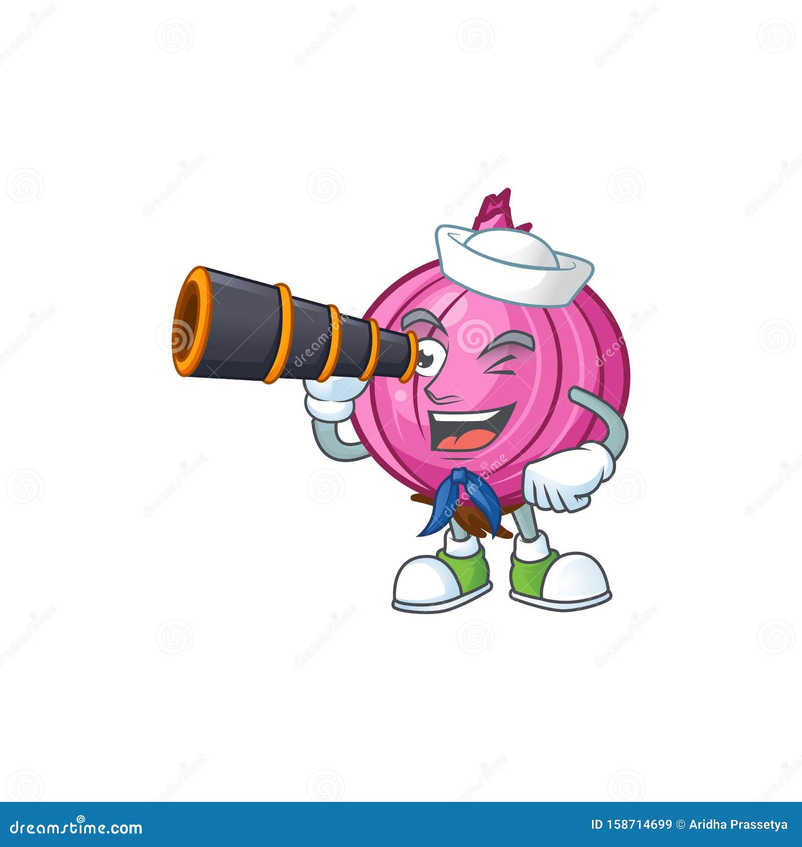 sailor with binocular red onion cartoon character for cuisine