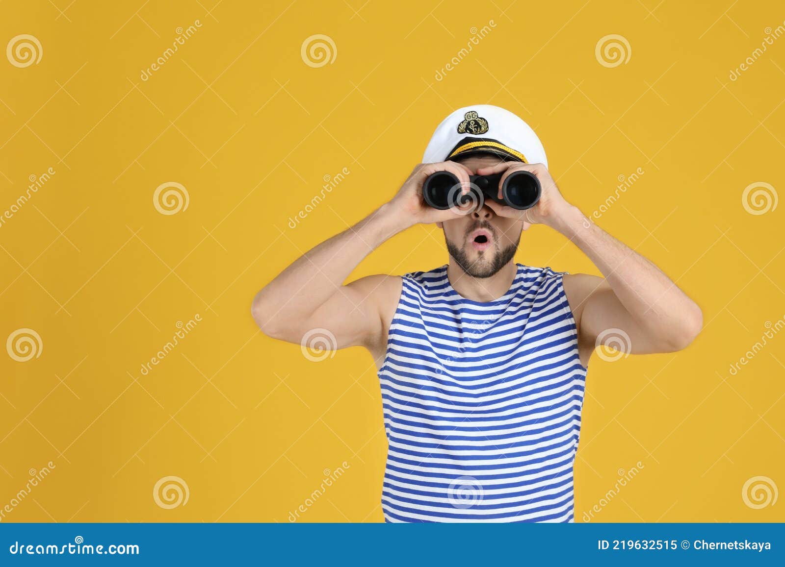 Sailor Looking through Binoculars on Yellow Background, Space for Text ...