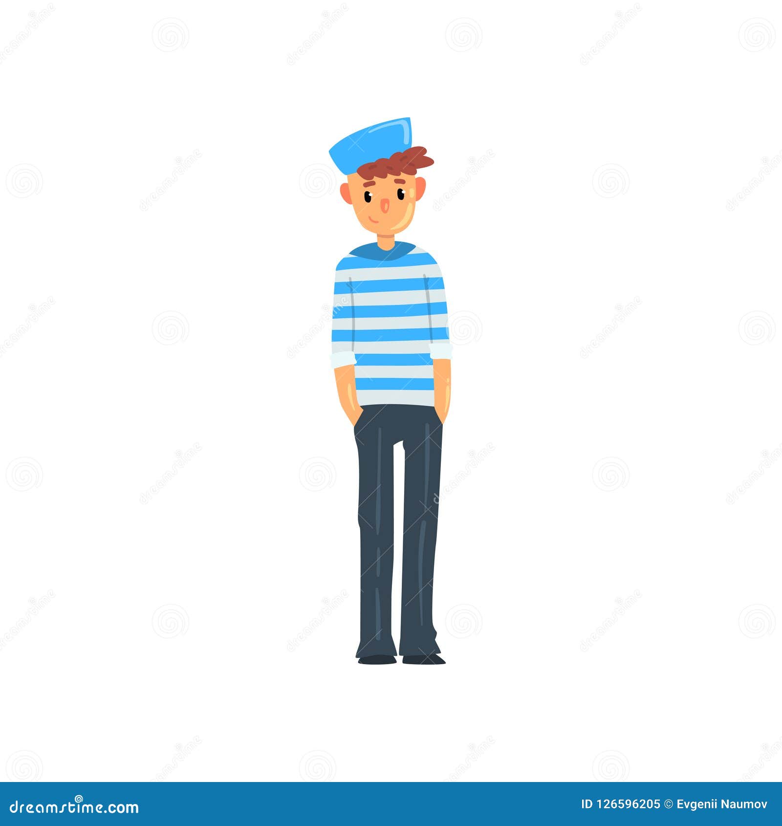 sailor man character in striped singlet and cap   on a white background
