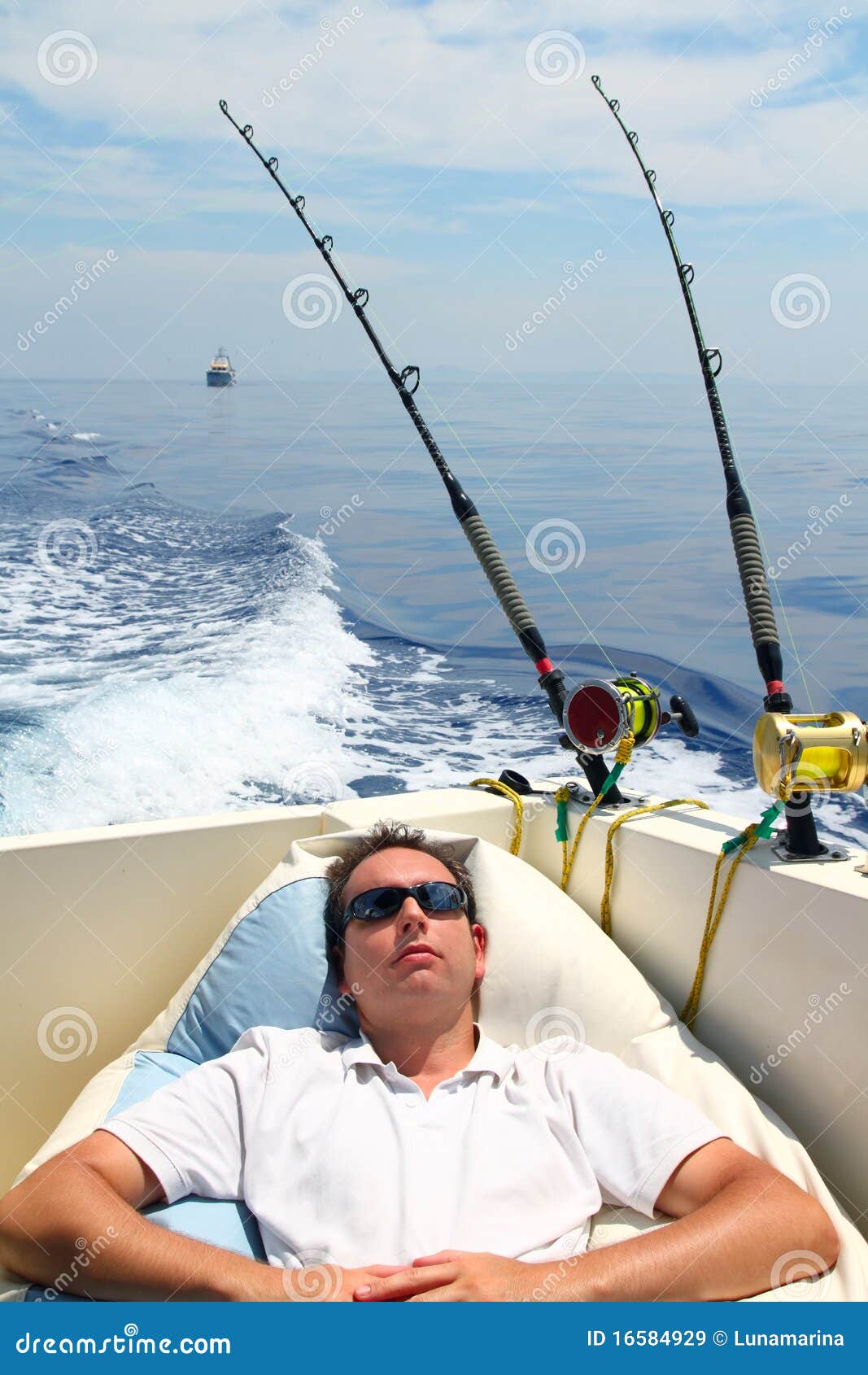 Sailor Man Fishing Resting In Boat Summer Vacation Stock 
