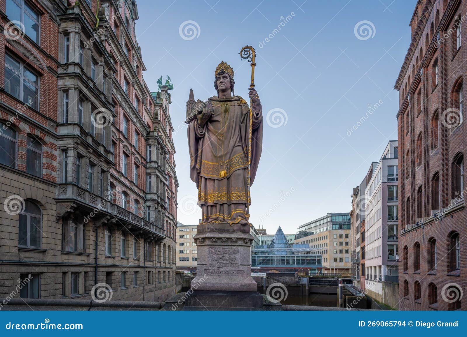 Saint Ansgar Statue at Trostbrucke Bridge Hamburg, Germany Stock