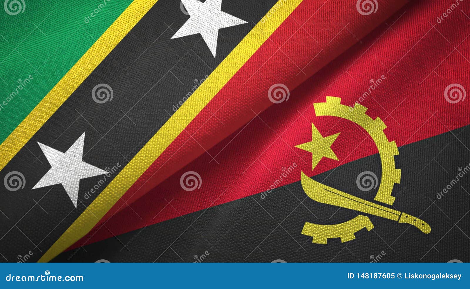 saint kitts and nevis and angola two flags textile cloth, fabric texture