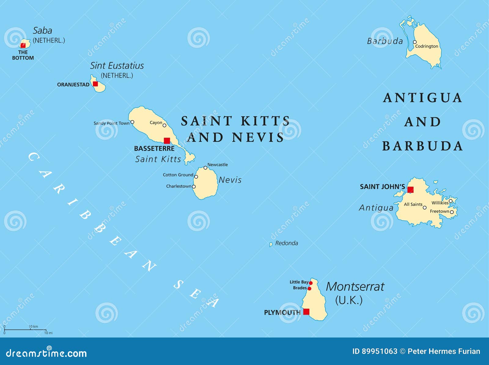 saint kitts, nevis, antigua, barbuda and montserrat political map