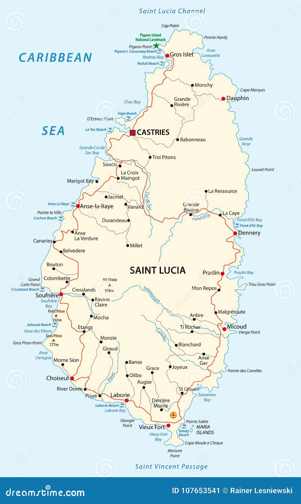 Saint Lucia Road and Beach Vector Map Stock Vector - Illustration of ...