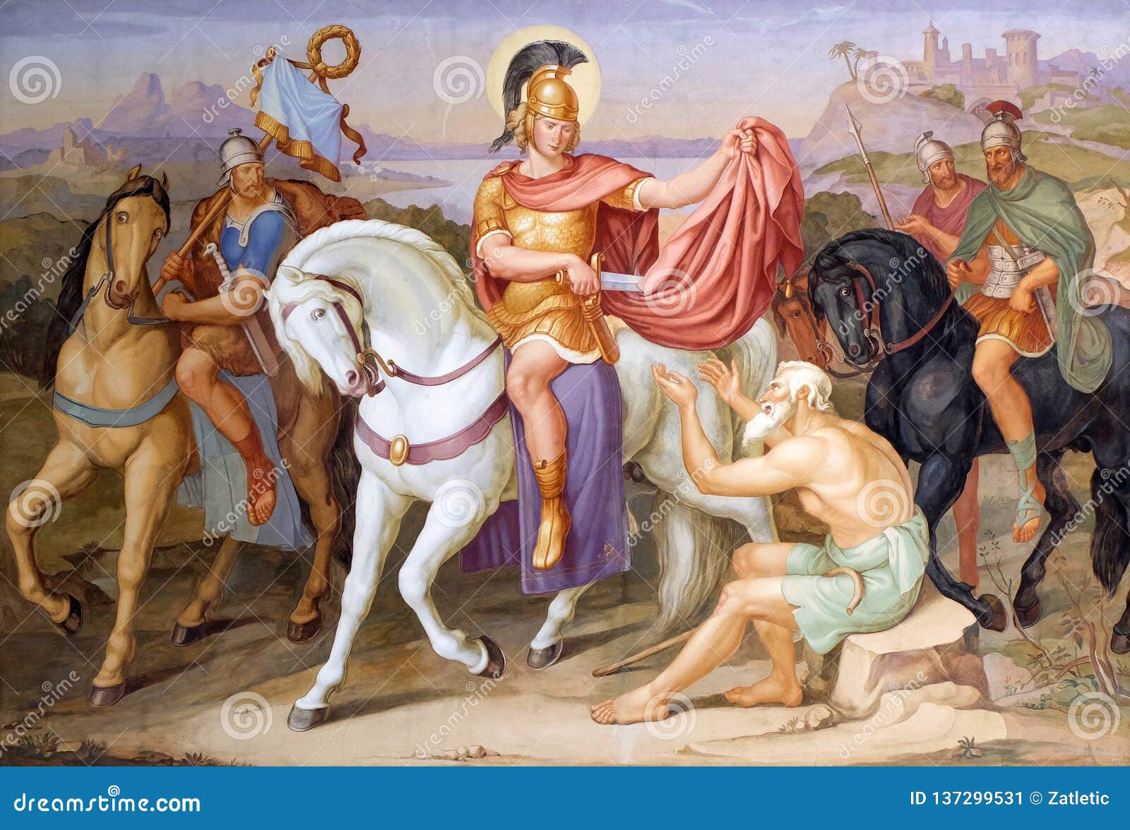 saint martin of tours cuting a piece of his cloak for a beggar