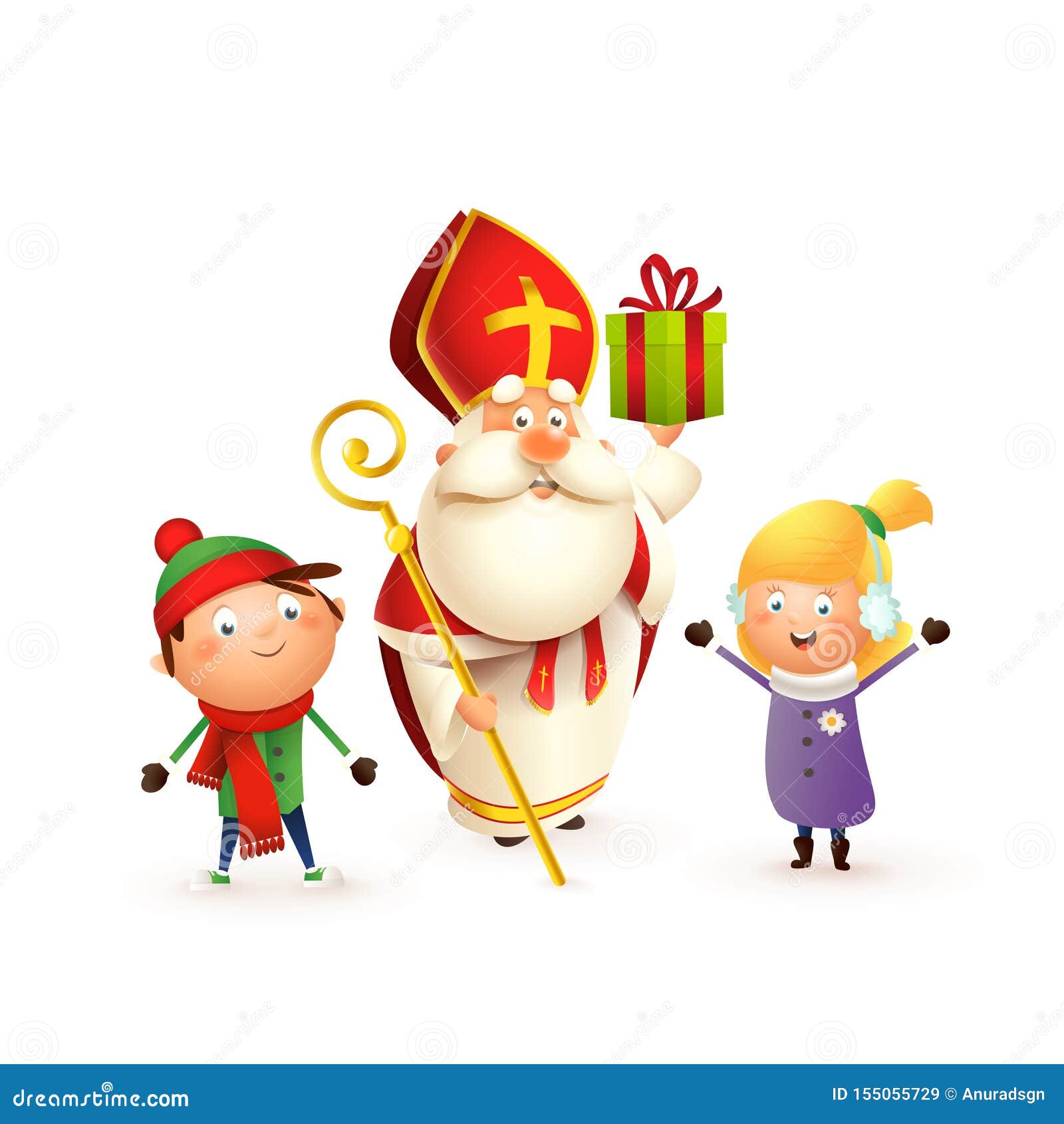 saint nicholas with kids girl and boy celebrate holidays -  on white background