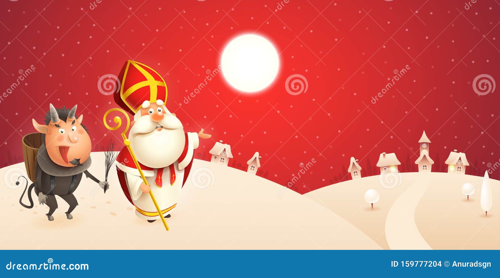 saint nicholas and krampus are coming to town - winter scene - red night background