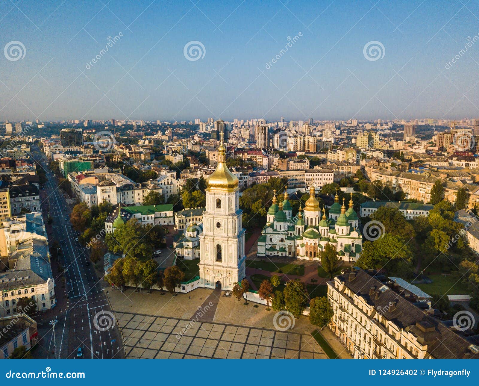 saint sophia`s cathedral, square. kiev kiyv ukraine with places of interest. aerial drone photo. sunrise light. city