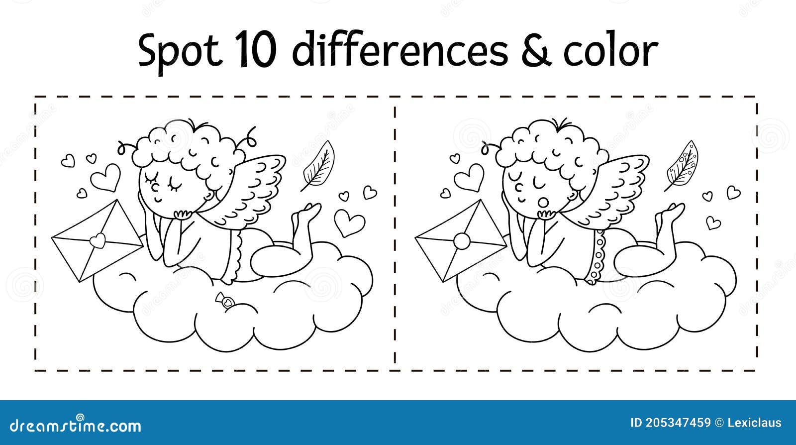 Valentine`s Day Find The Differences Visual Puzzle And Coloring Page