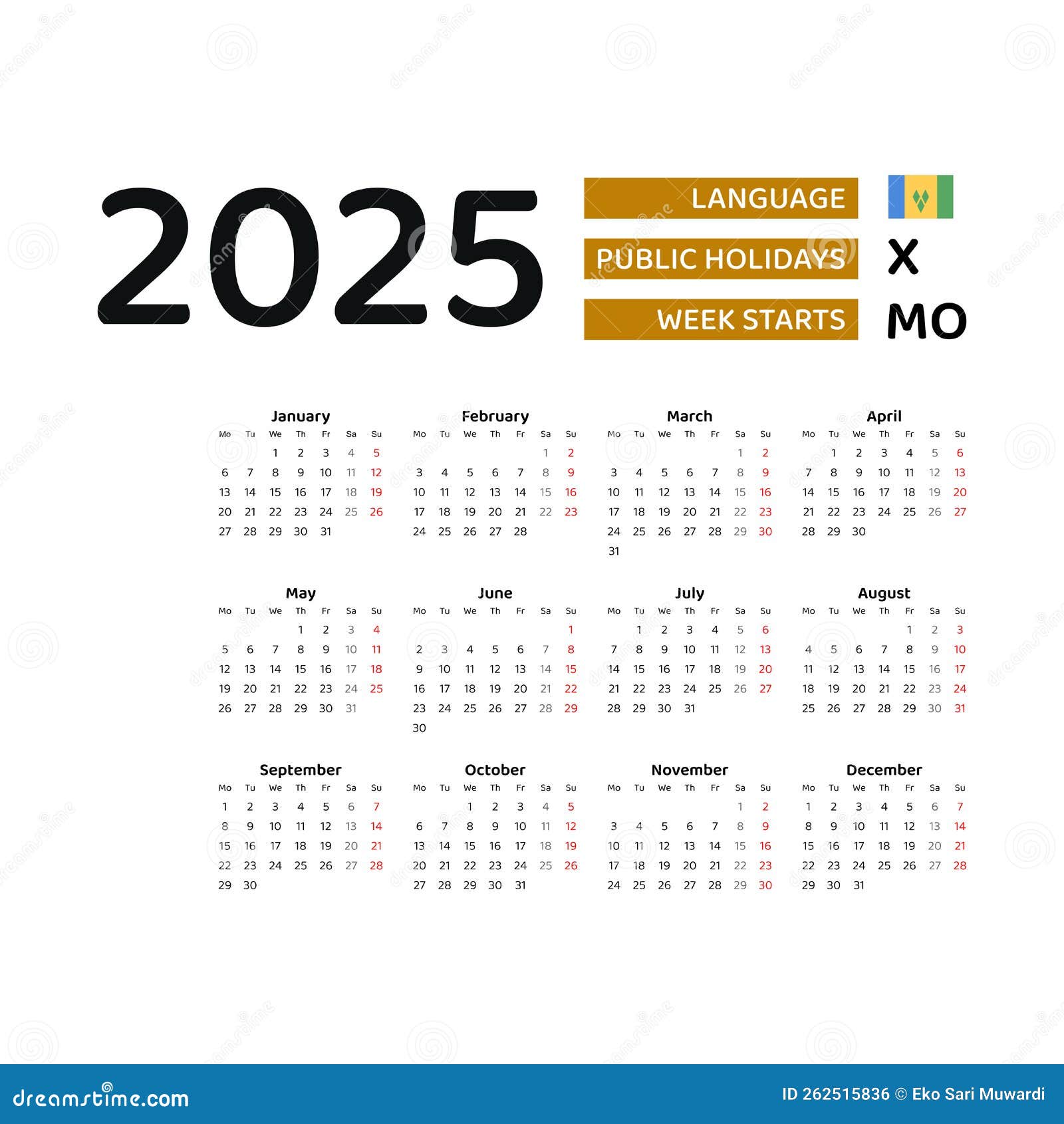 Saint Vincent and the Grenadines Calendar 2025. Week Starts from Monday
