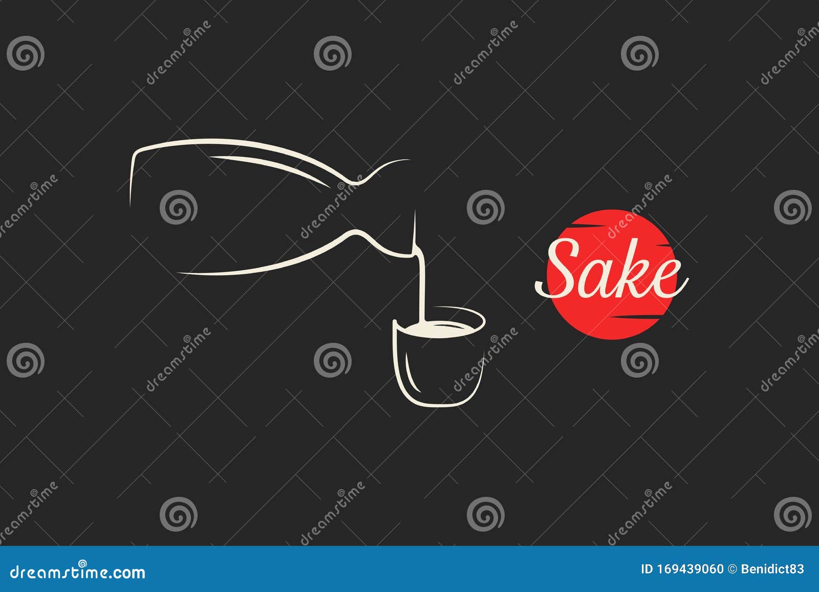Sake Logo. Bottle and Sake Cup Pour on Black Stock Vector