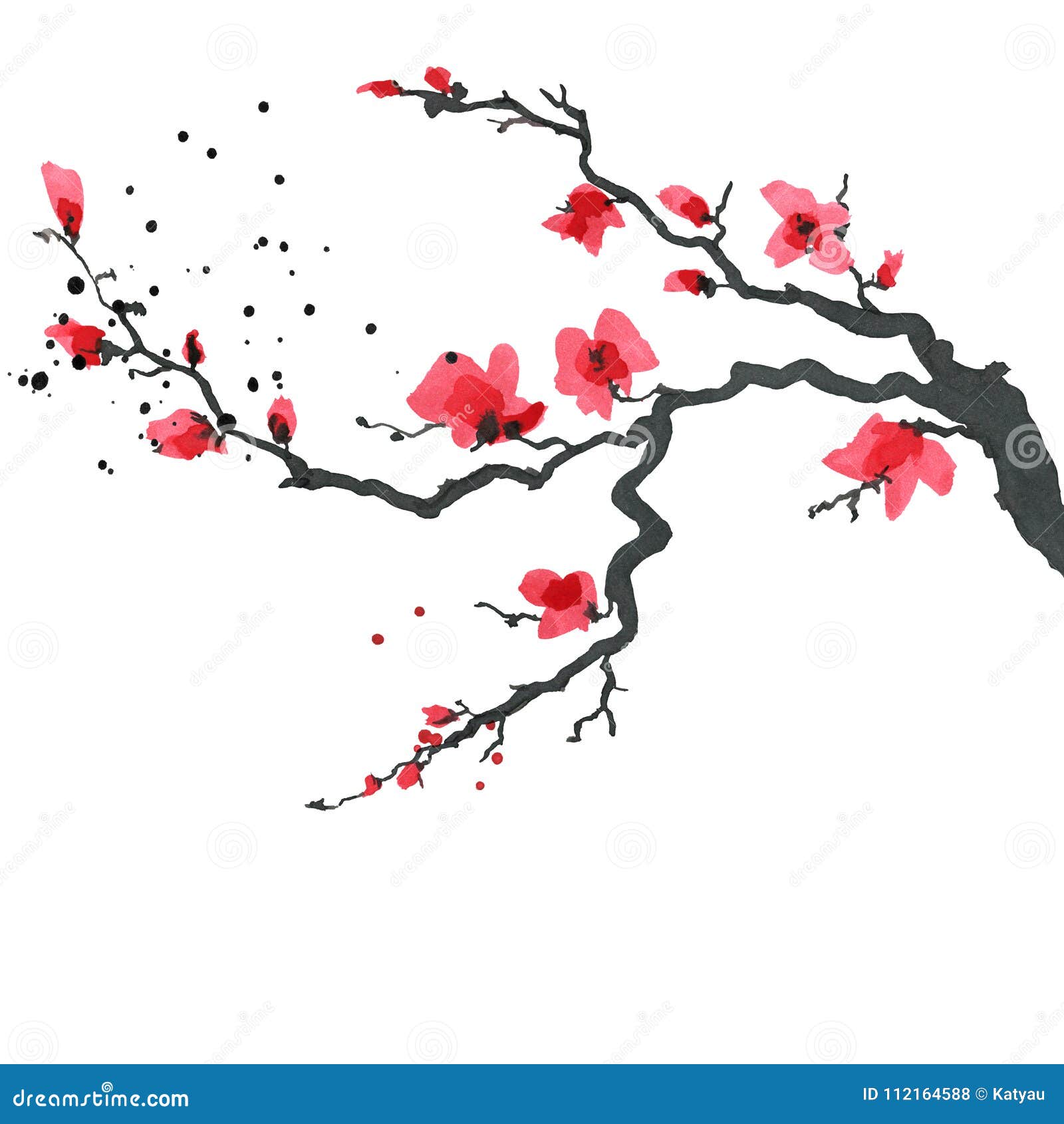 Sakura Tree In Japanese Style Watercolor Hand Painting Illustration