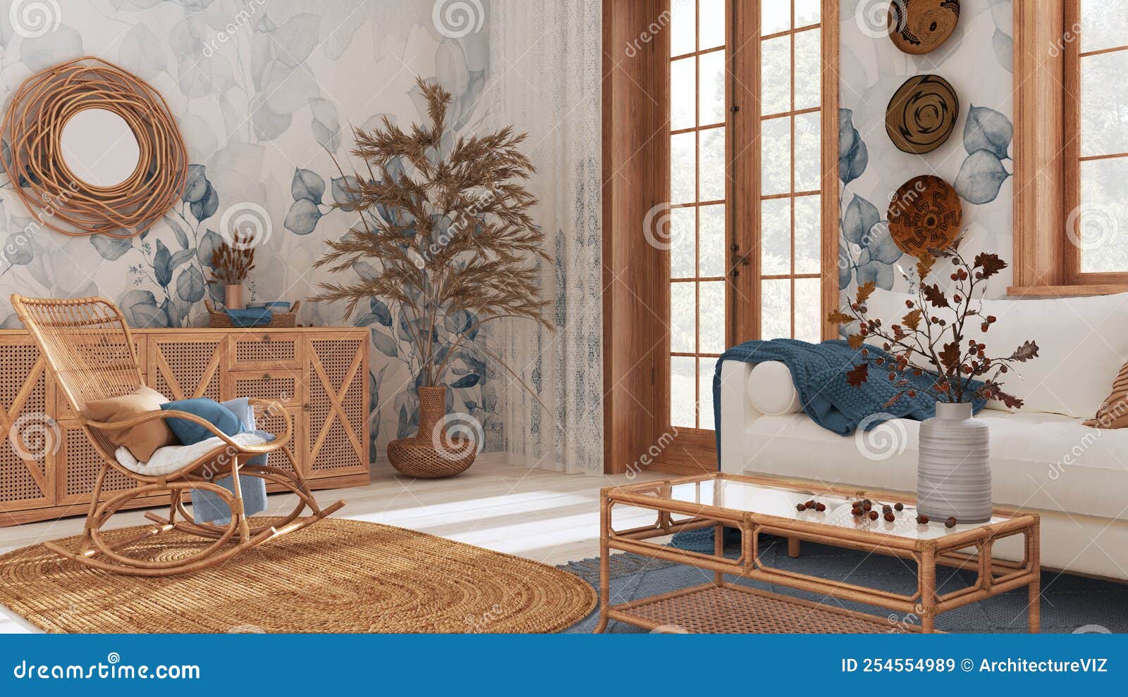 Habitación De Granja Elegante Con Cama De Mimbre Y Muebles De Madera.  Moqueta De Yute Y Decoración En Tonos Blancos Y Azules. Vint Stock de  ilustración - Ilustración de sitio, casero: 254555598