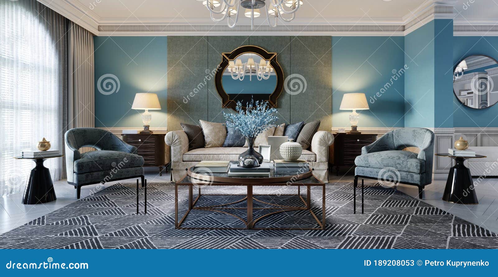 Salón Interior De Mediterráneo Clásico Con Sofá Beige Y Dos Sillones Azules Y Paredes Azules, Tv Y de ilustración - Ilustración adentro, unidad: