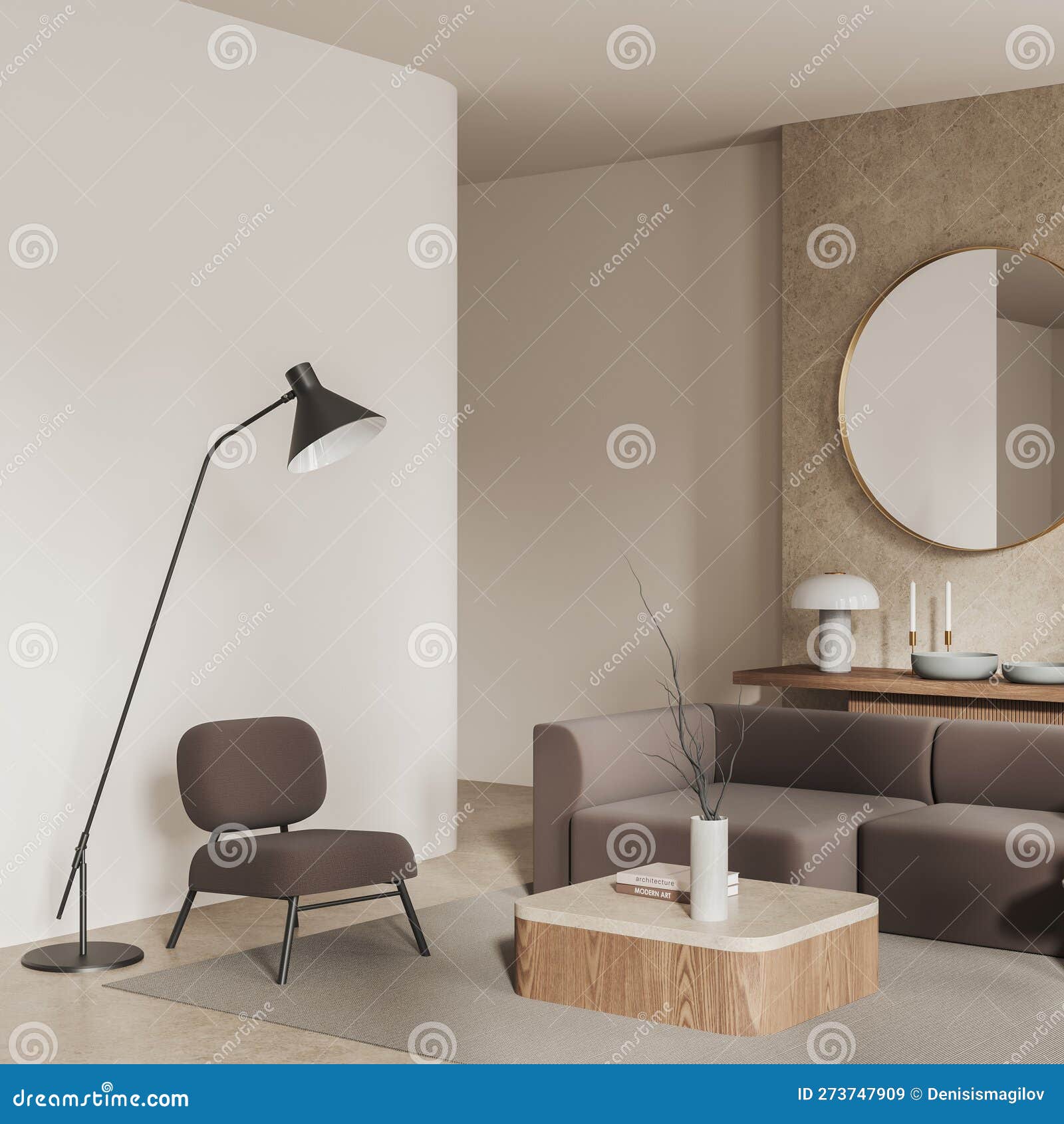 Espejo redondo en una pared marrón en una sala de estar moderna