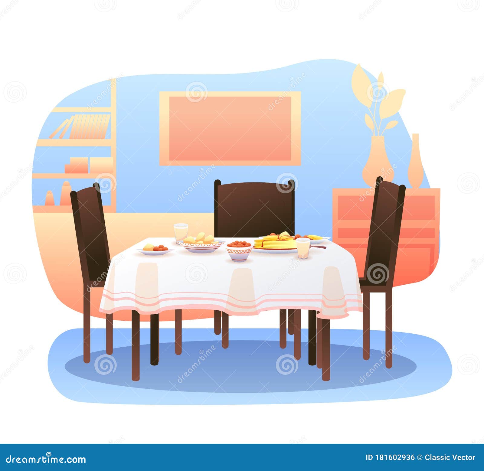 Sala De Estar Del Hogar Con Mesa De Comedor Servida Ilustración del