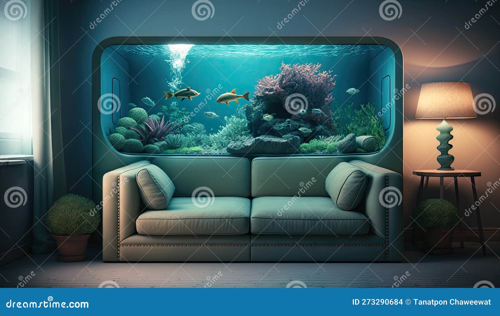 Sala De Estar Mínima Com Sofá Interior E Debaixo Do Tanque De Peixes  Marinhos Ou Decoração De Aquários Submarinos Com Recife De Co Ilustração  Stock - Ilustração de recife, conceitos: 273290684