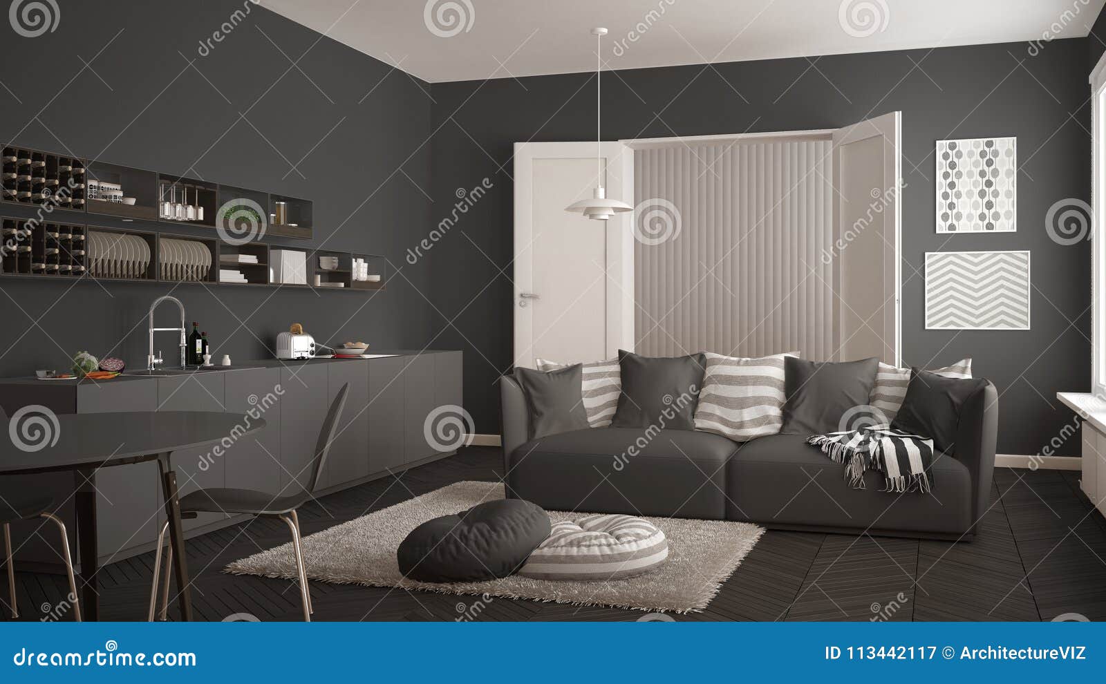 barajar preocuparse Industrializar Sala De Estar Moderna Escandinava Con La Cocina, Mesa De Comedor, Sofá Y  Manta Con Las Almohadas, Inte Blanco Y Gris Minimalista Stock de  ilustración - Ilustración de limpio, lifestyle: 113442117