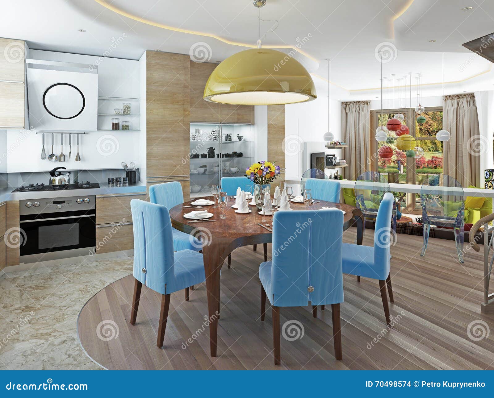 Sala De Jantar Moderna Com Cozinha Em Um Kitsch Na Moda Do Estilo Sala De Jantar Moderna Com Cozinha Em Um Kitsch Na Moda Do Estilo