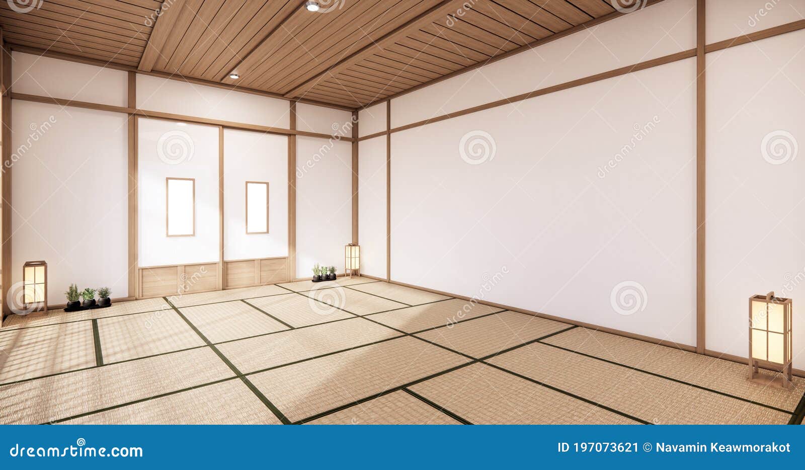 Sala de yoga vacía interior con suelo de tatami. representación 3d