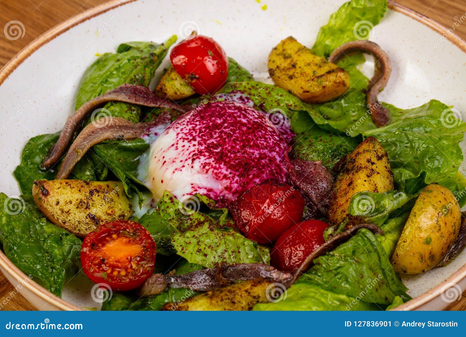 Salad with anchovy stock image. Image of cuisine, dressing 127836901