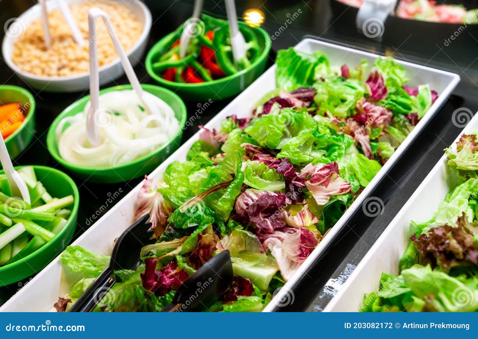Salad Bar Buffet At Restaurant Fresh Salad Bar Buffet For Lunch Or Dinner Healthy Food Fresh Green And Purple Lettuce In White Stock Photo Image Of Delicious Counter 203082172
