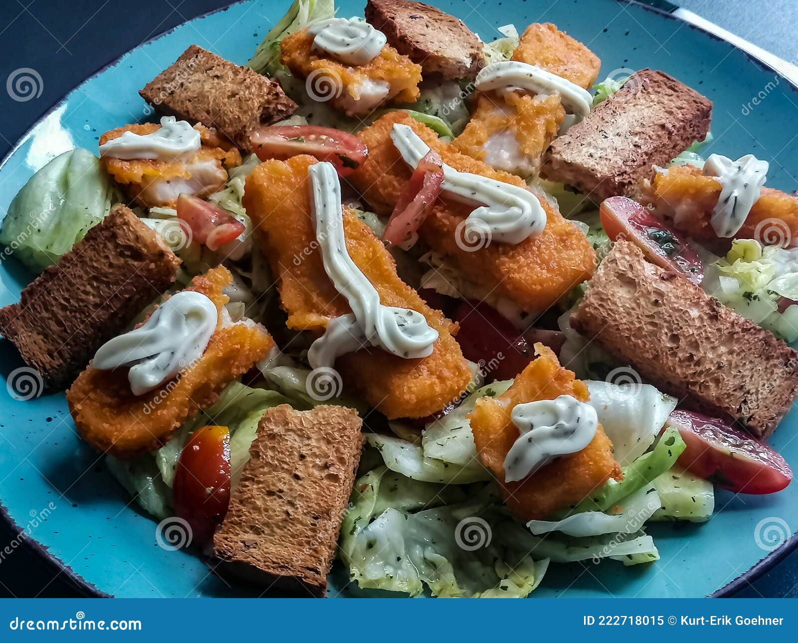 Salad with fish sticks stock image. Image of meal, food 222718015