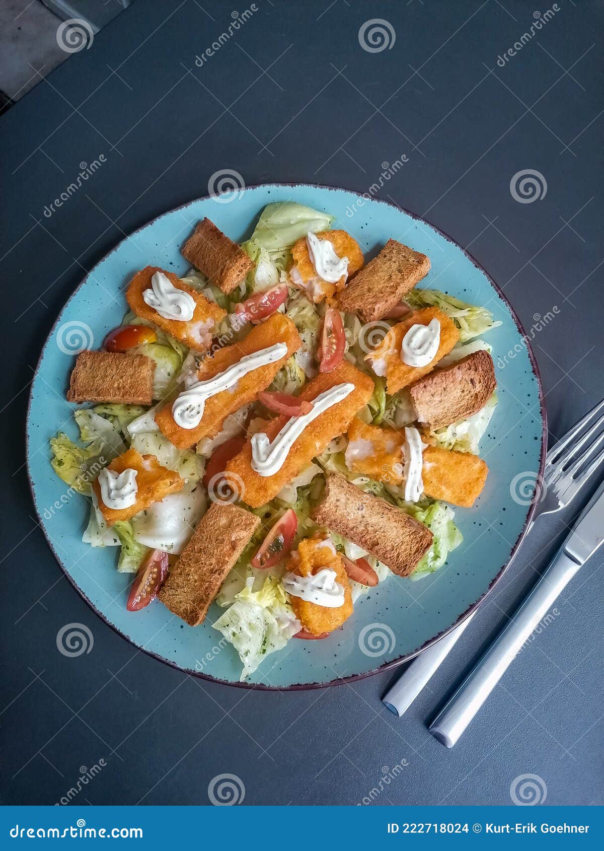 Salad with fish sticks stock photo. Image of snack, lunch 222718024