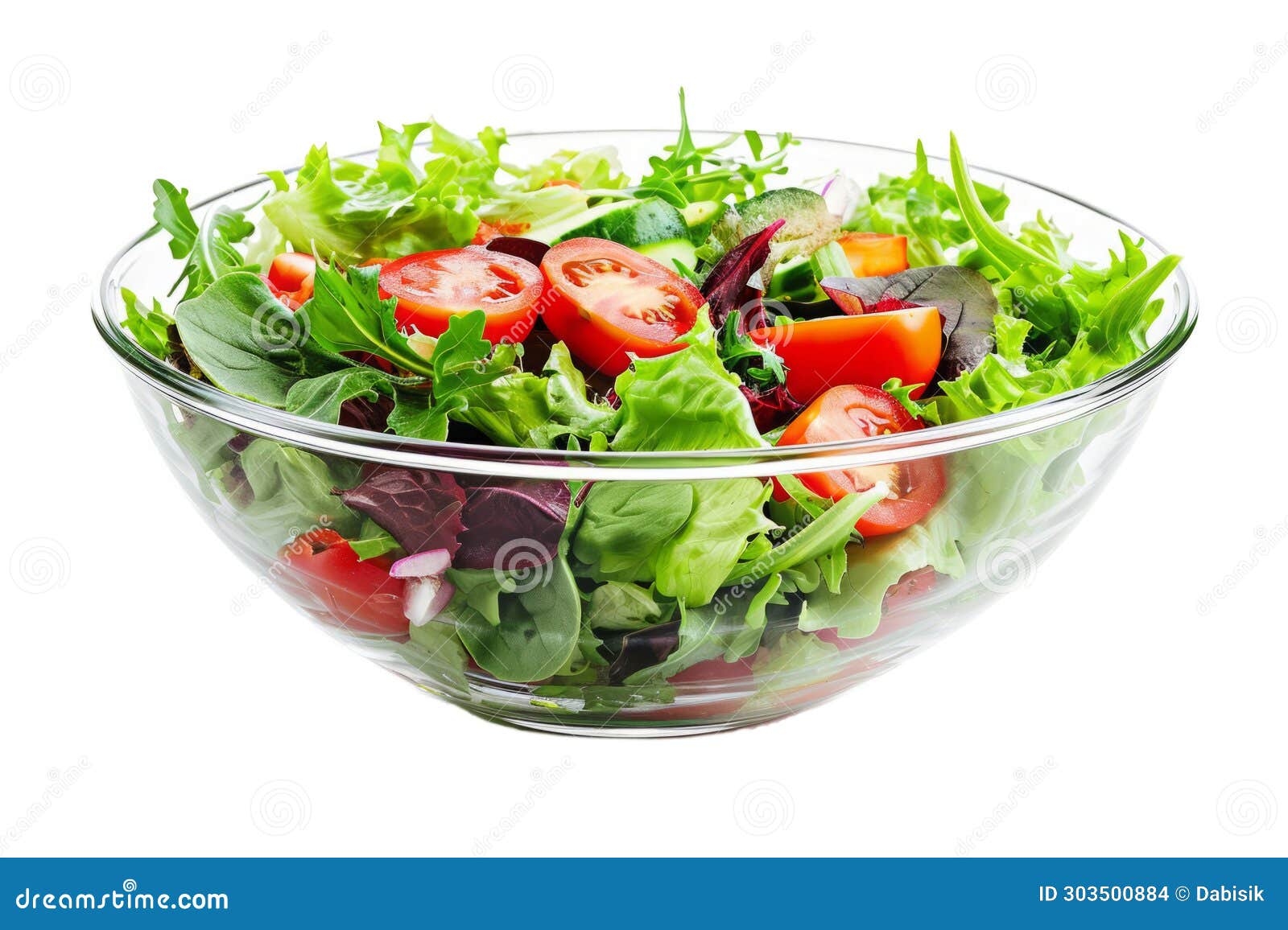 Salad with Fresh Vegetables in a Bowl on White Background Stock Photo