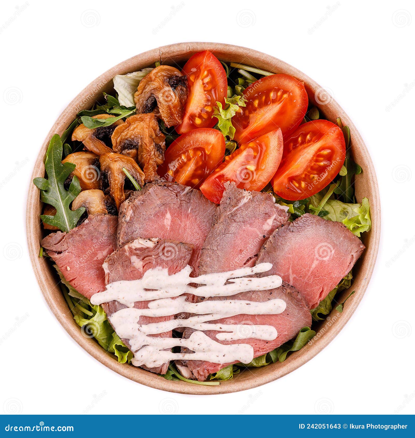 salad with ham fried mushrooms tomato sauce on white background for restaurant website1