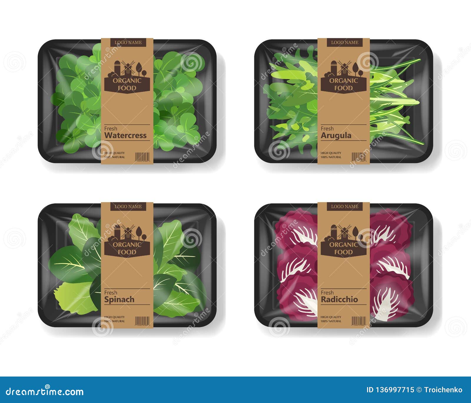 Download Salad Leaves With Plastic Tray Container With Cellophane Cover. Retro Design Set. Mockup ...