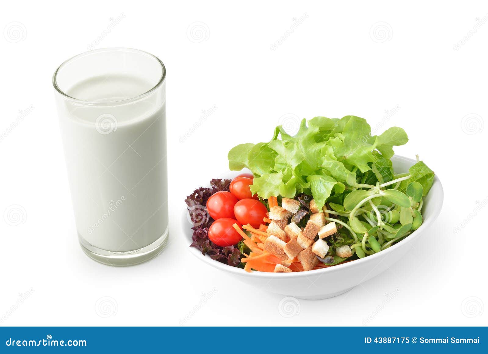 Salad with Milk on White Background Stock Image Image of milk, plate