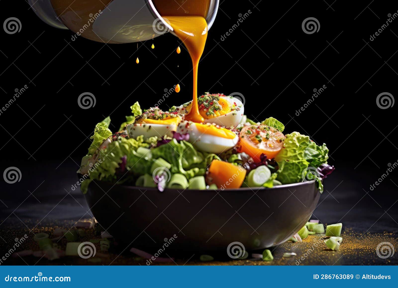 Salad Mixing with Dressing Drizzling on Top Stock Image Image of
