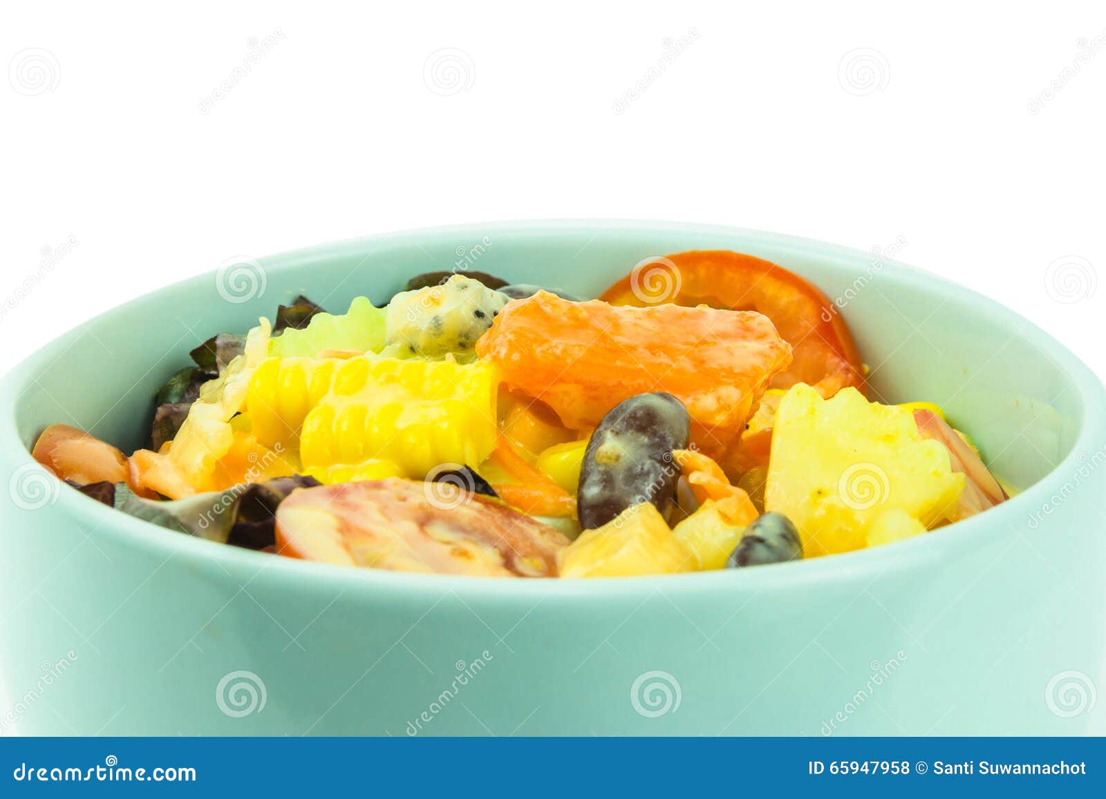 Salad in pale blue bowls stock photo. Image of cheese 65947958