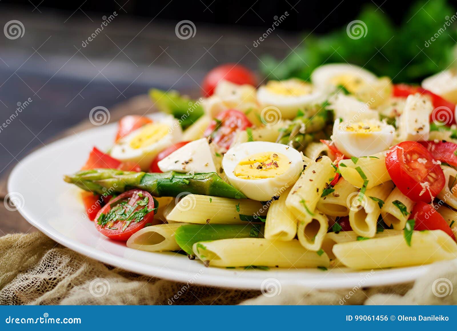 Salad - Penne Pasta with Asparagus, Tomatoes, Quail Eggs, Mozzarella