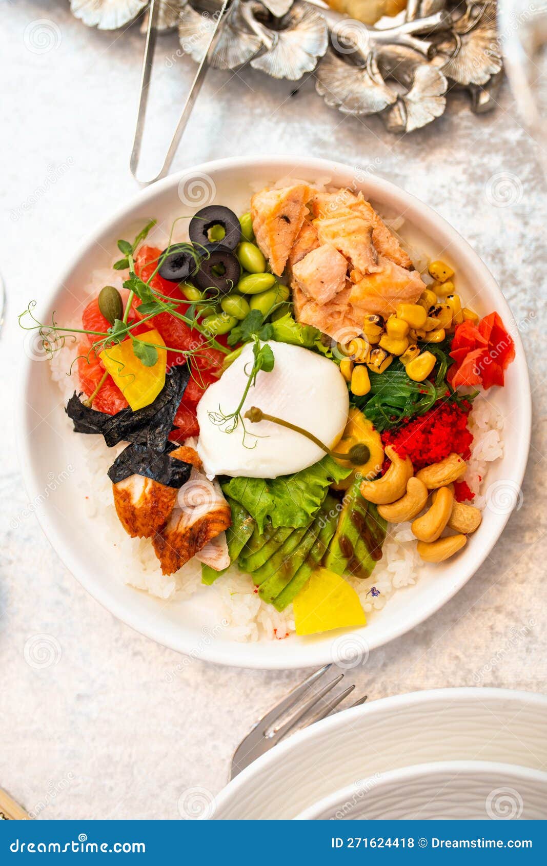 Salad with Quinoa, Avocado and Egg. View from Above. Stock Photo