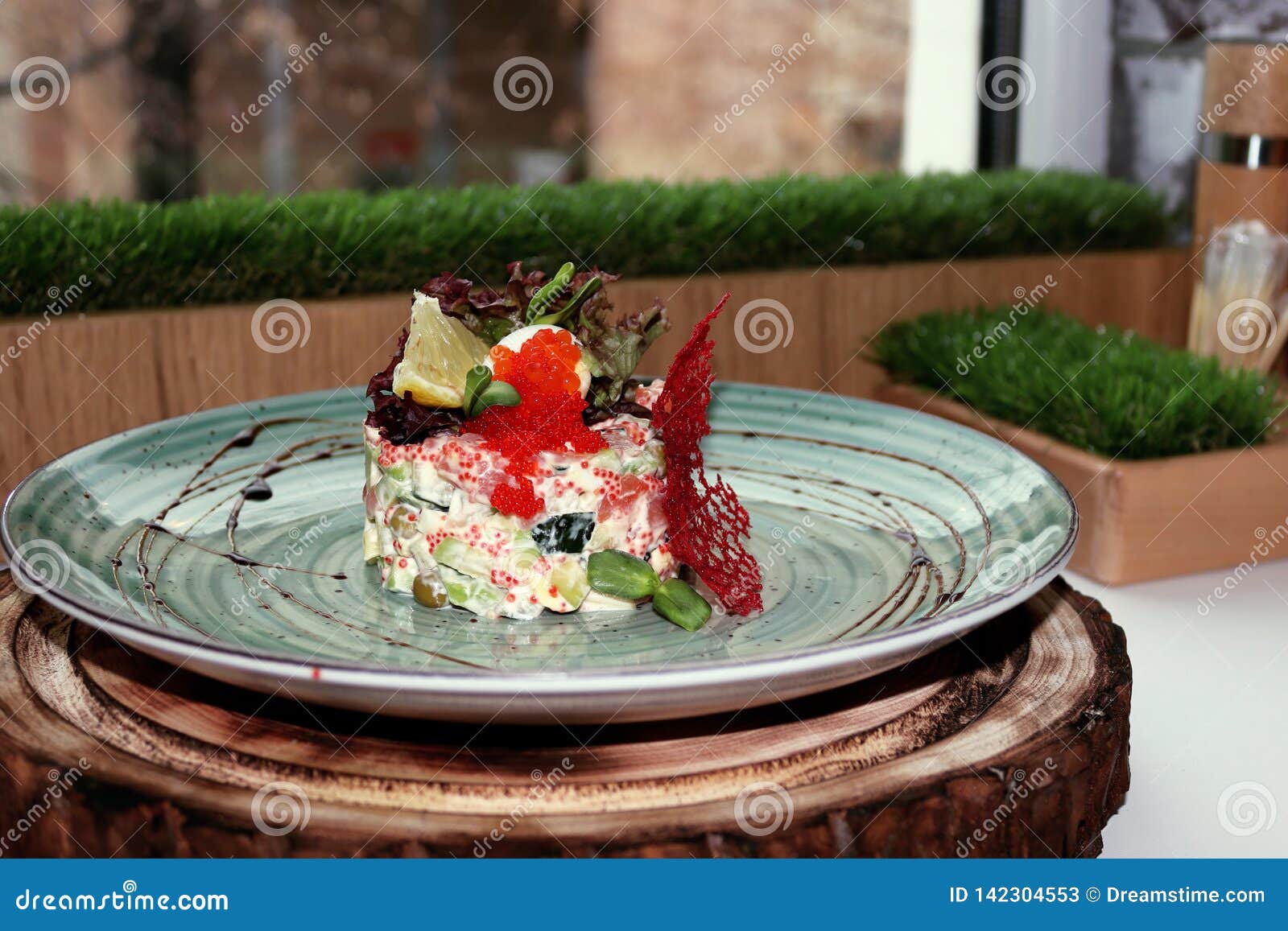 Salad with Red Caviar and Cheese Chips Stock Image Image of food